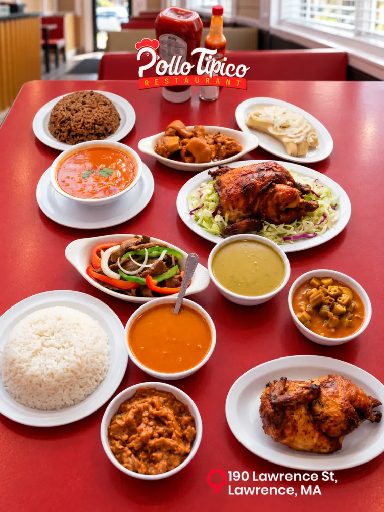 Table set with roast chicken, rice, soups and sides